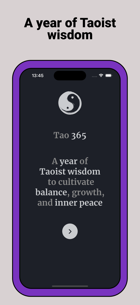 I Ching - Una pantalla de smartphone que muestra la sección Tao 365 de la aplicación I Ching con sabiduría taoísta para el equilibrio y el crecimiento.