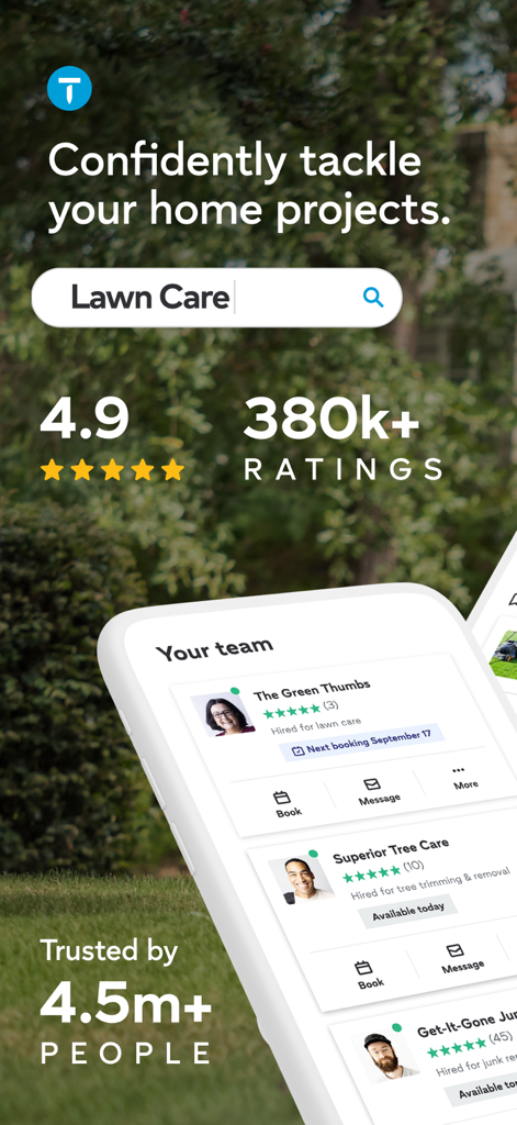 Thumbtack: Home Service Pros - Thumbtack app screen showing lawn care service search and local professional reviews