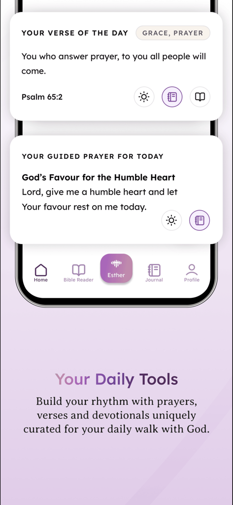 The Bible Companion - Interface of The Bible Companion app displaying the daily verse and guided prayer features for spiritual growth.