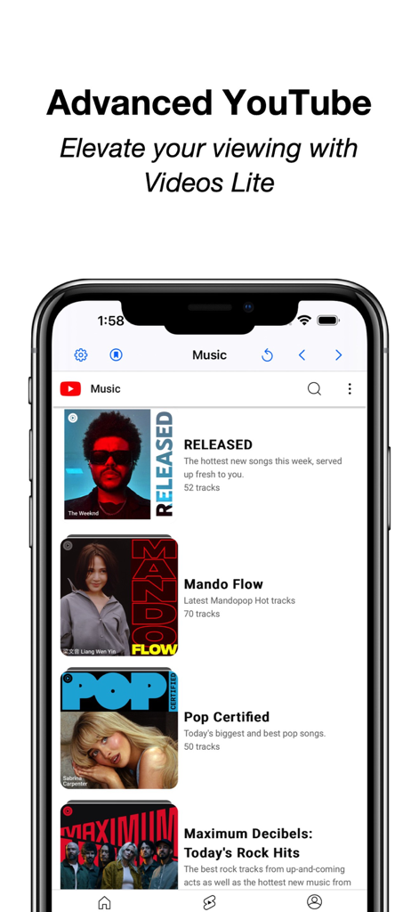 Mobile screen of the CarTube app showing the YouTube music section with various playlists and browsing controls