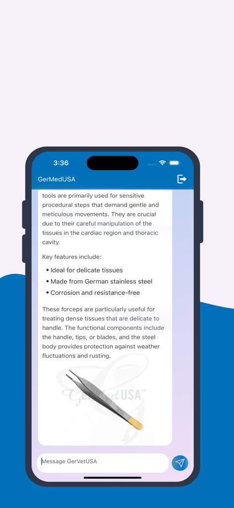 GerMedUSA Chatbot showing surgical forceps features and specifications