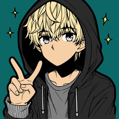 teenage manga boy in a hoodie, doing ✌