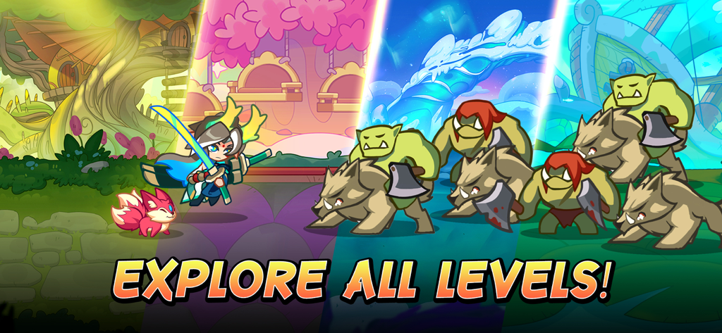 Monster Slayer Offline RPG - Hero character and fox pet facing a group of monsters across different game environments with the text Explore All Levels