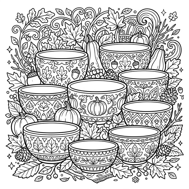 Embrace the cozy vibes of autumn with this detailed coloring page, perfect for teens who love intricate designs. Featuring a beautiful arrangement of decorative bowls amidst pumpkins, leaves, and other fall treasures, it offers a relaxing creative escape.