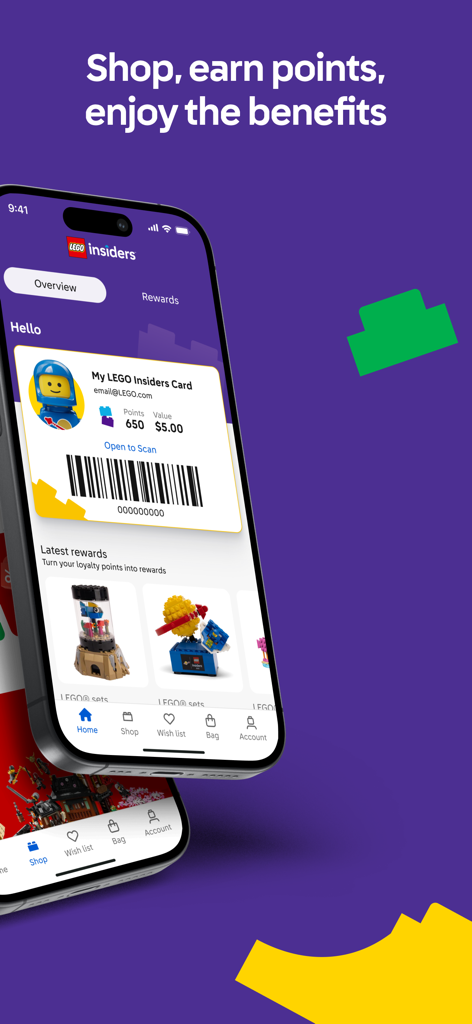 Interface de l'application Lego Insiders montrant la carte de membre numérique, le solde des points et les dernières récompenses