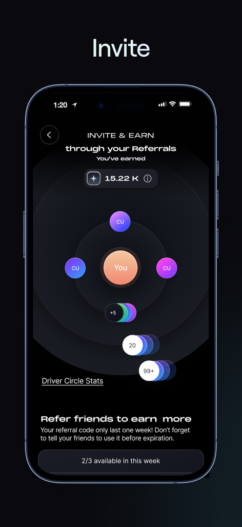NATIX Drive& - NATIX Drive& app invite and earn screen showing referral rewards and user network diagram