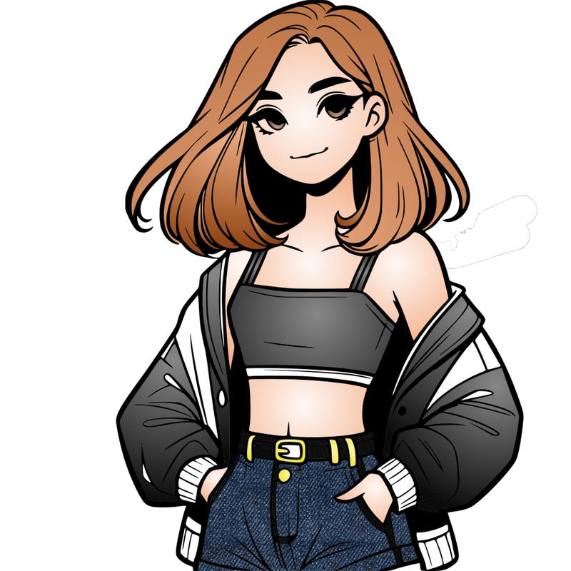a realistic girl with a crop top and short shorts in an open jacket