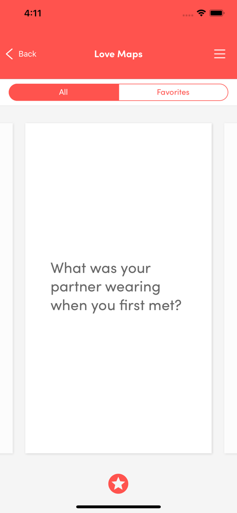 Eine digitale Karte von 'Liebeskarten' aus der Gottman Card Decks App mit einer frage zur Beziehungsbildung