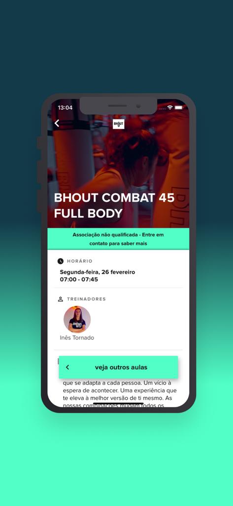 BHOUT Club 앱 인터페이스에 BHOUT Combat 45 수업 세부 정보, 일정 및 트레이너 프로필 표시