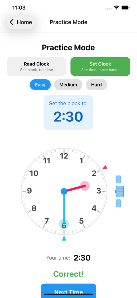 Learn Time & Clock for Kids - A screenshot of the Practice Mode in the Learn Time and Clock for Kids app showing a correctly set analog clock at 2:30.
