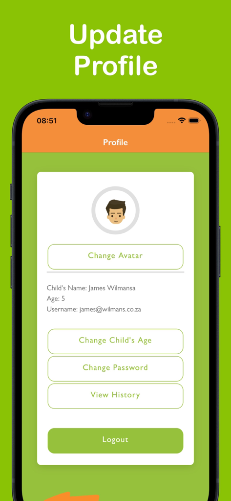 Benutzerprofilbildschirm der Pain Assessment Tool-App mit dem Namen, Alter und den Kontoeinstellungen des Kindes