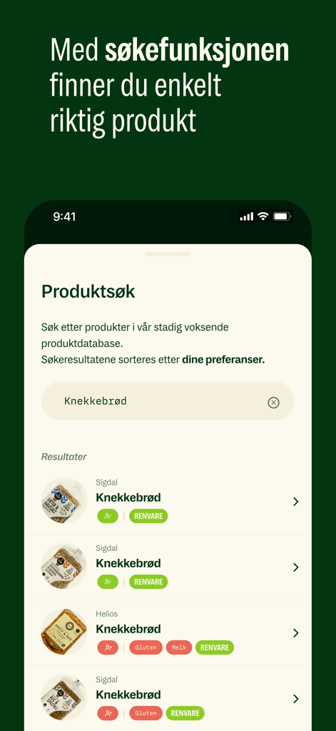 Frifor app product search screen showing personalized food results with allergen and clean label tags.
