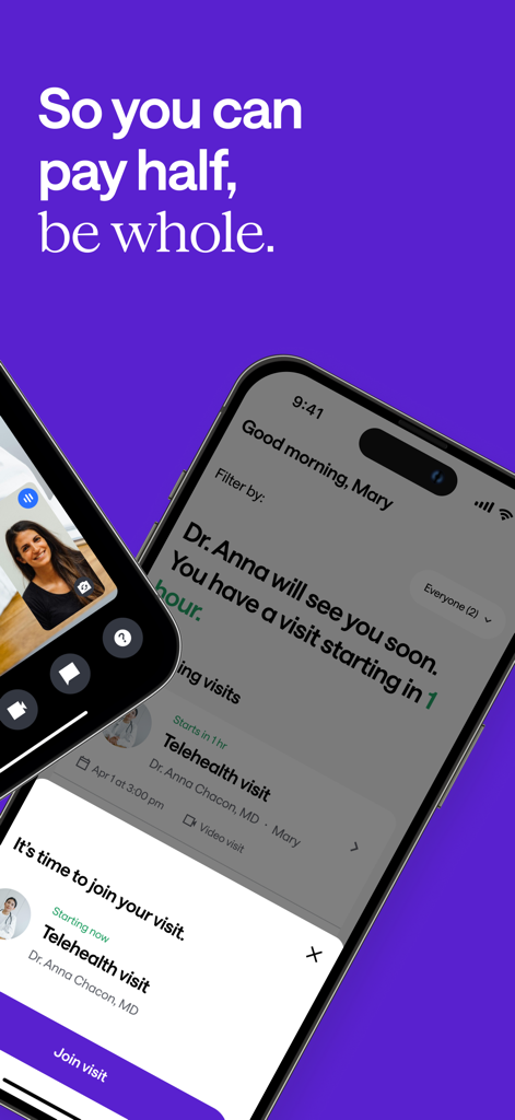 Sesame: Telehealth Care & More - Sesame app interface displaying a scheduled telehealth visit notification and a button to join a video consultation.