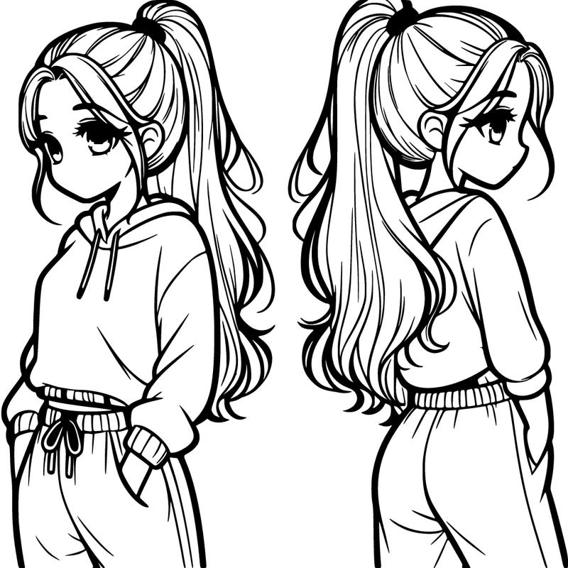 girl that is realistic with a pony tail and comfy outfit