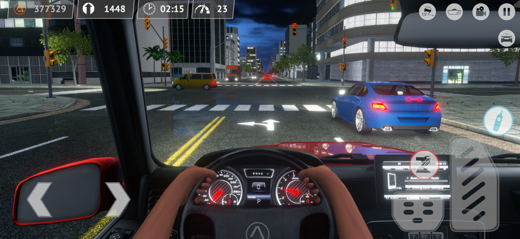 Driving Zone - First person cockpit view of a driver steering a car through a city at night in Driving Zone.
