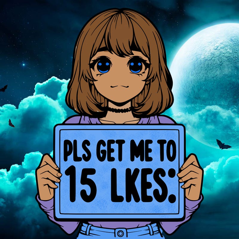 realistic girl holding up a sign that says “pls get me to 15 likes!”