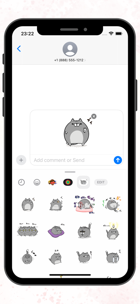 Ein mobiler Bildschirm, der eine Vielzahl von entzückenden runden Katzenaufklebern in einer Nachrichten-App-Leiste zeigt