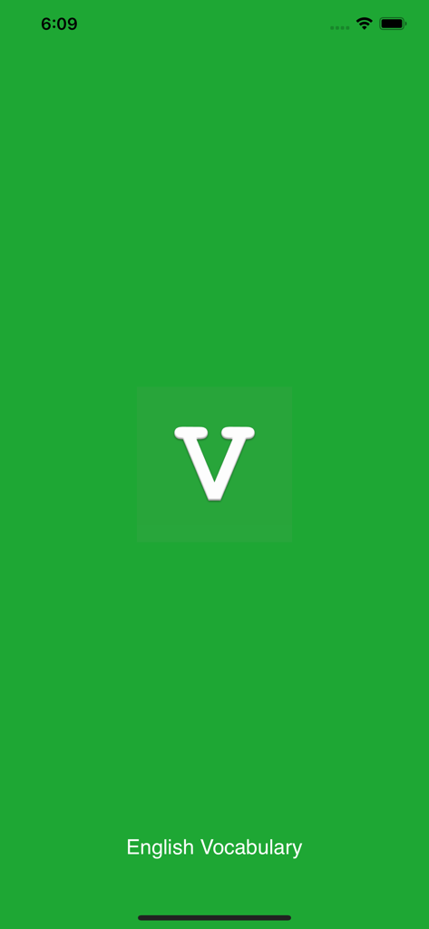 GRE English Vocabulary Builder app splash screen featuring a white V logo on a solid green background.