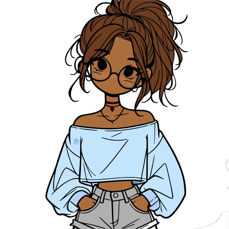 girl with a messy ponytail glasses a baggy crop top and jean shorts