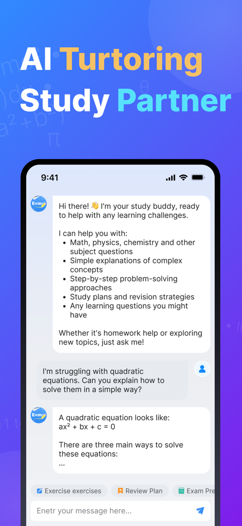 Solvify: AI Homework Helper - Solvify app chat interface showing an AI tutor providing step-by-step explanations for quadratic equations.