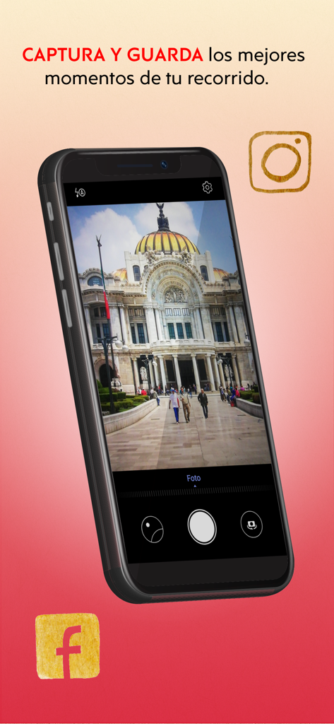 Turibus - Smartphone screen showing the Turibus app camera capturing a landmark in Mexico City