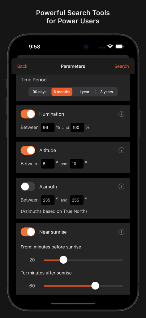 Advanced search parameters interface in Sun Surveyor showing illumination altitude and azimuth settings