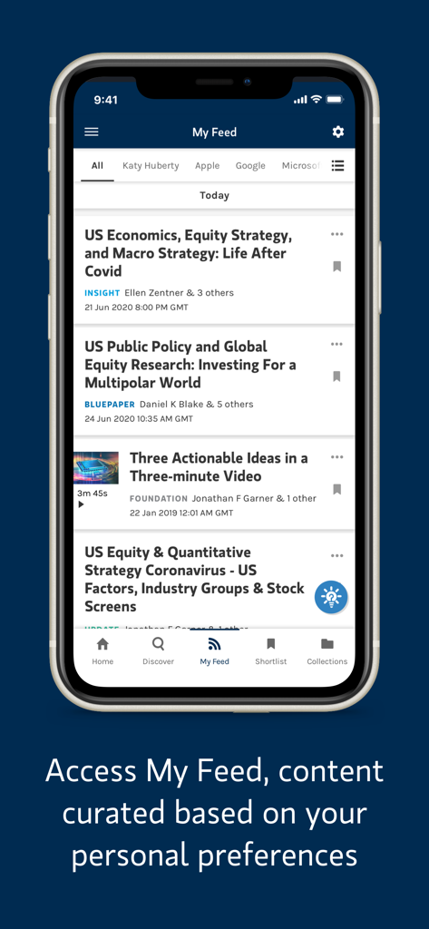 Morgan Stanley Research - Screenshot of the Morgan Stanley Research app displaying the My Feed screen with curated investment reports and market insights.