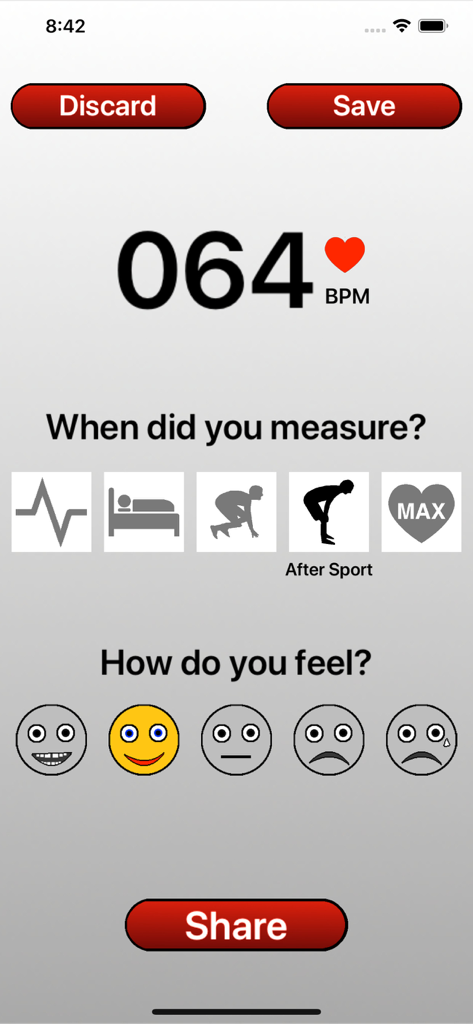 Heart Rate Monitor: HR App - Écran de l'application de fréquence cardiaque montrant un résultat de 64 BPM avec des options pour catégoriser la mesure et enregistrer l'humeur de l'utilisateur