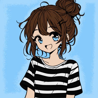 anime girl teenager striped shirt and smile and messy bun