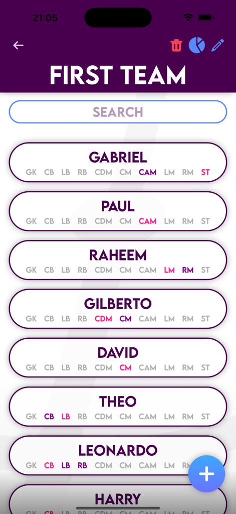 Football Lineup Manager - Une liste numérique de joueurs de football montrant leurs noms et les postes assignés sur une interface d'application mobile.
