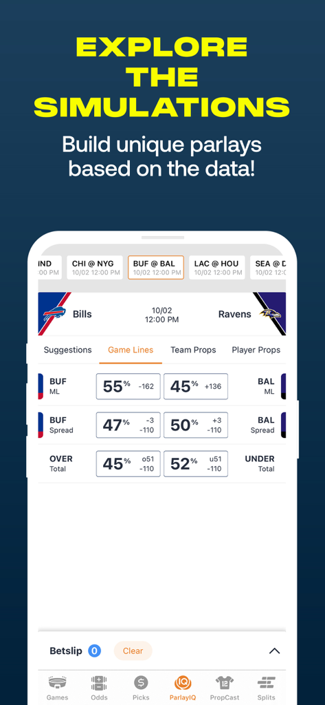ParlayIQ app screen displaying game simulations and betting odds for an NFL matchup