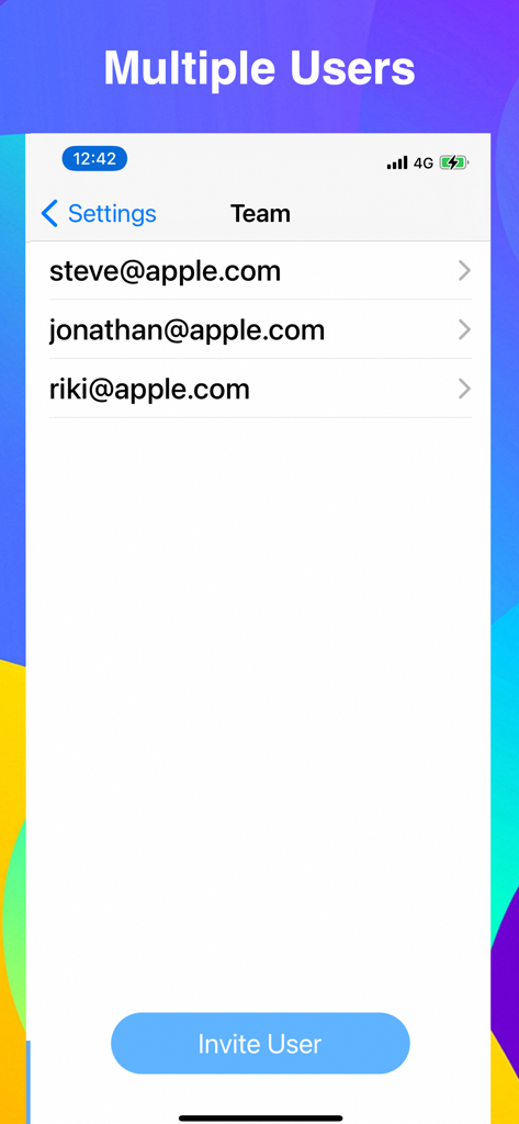 Paycheck Maker - A screen within the Paycheck Maker app showing a list of team members and an invite user button for multiple user management.