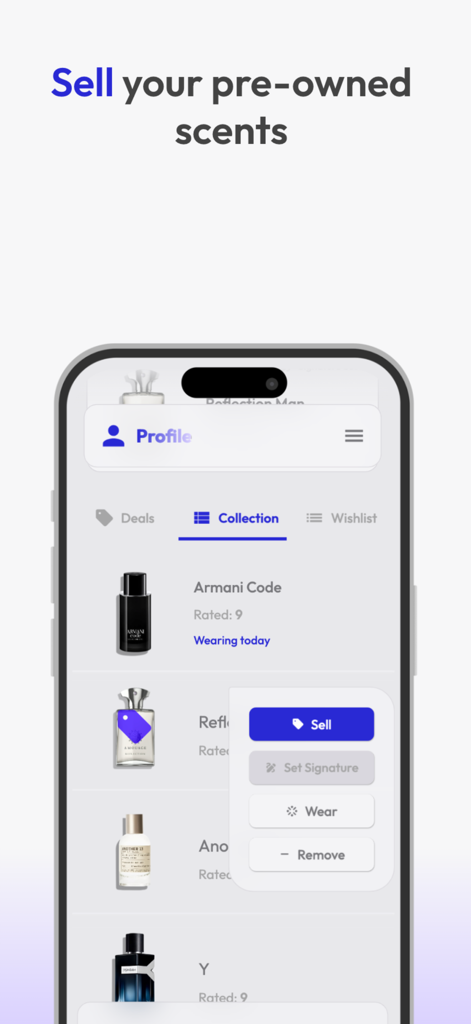 inScent - Mobile screen of the inScent app showing a perfume collection and the option to sell a used fragrance