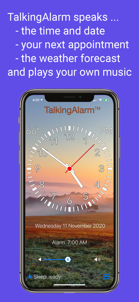 TalkingAlarm: Voice Clock - TalkingAlarm app interface showing analog clock with weather and voice alarm features