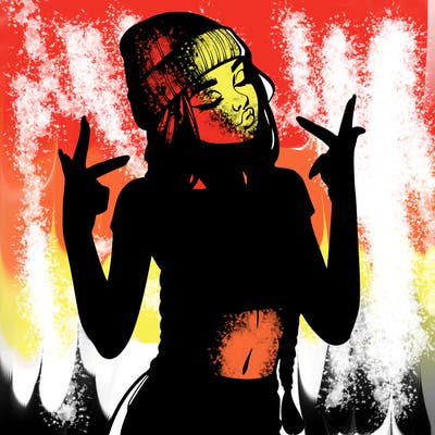 realistic teenage girl with braids and a beanie and crop top doing 🫶🏼