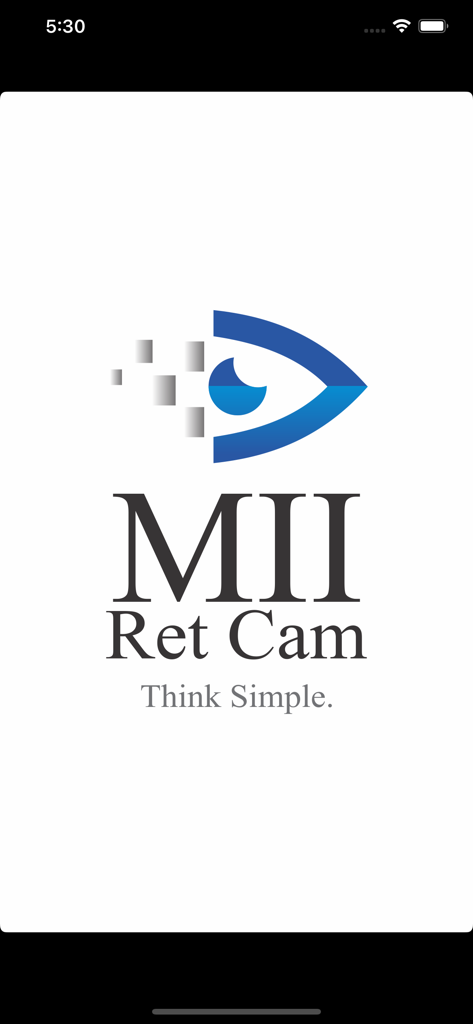 MII Ret Cam Pro-Patient Pofile - Startbildschirm der MII Ret Cam Pro App mit dem blauen Augen-Logo und dem Slogan 'Think Simple'