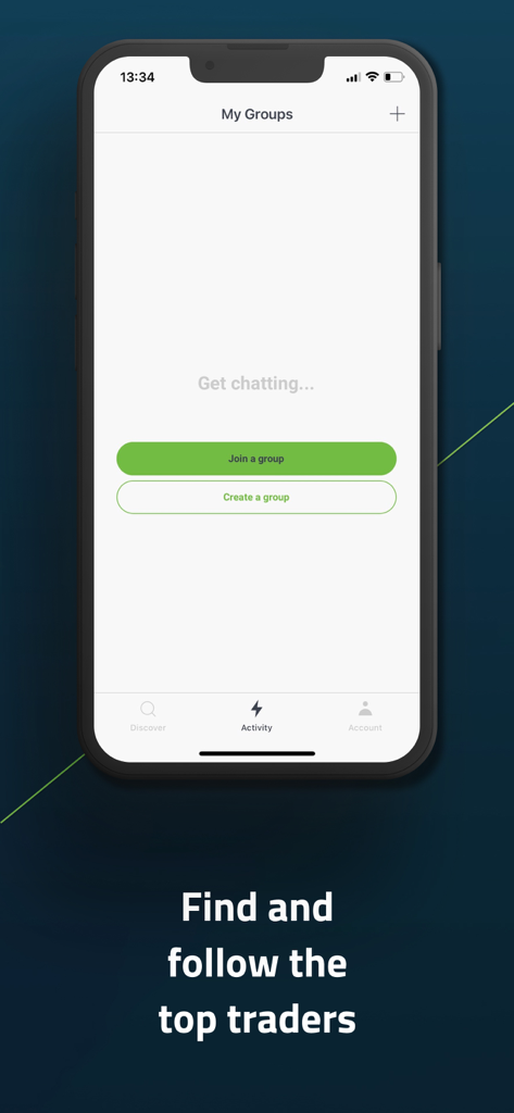 Una pantalla móvil de la aplicación Titan FX Social que muestra opciones para unirse o crear grupos de chat de trading con el texto 'encontrar y seguir a los mejores traders'.