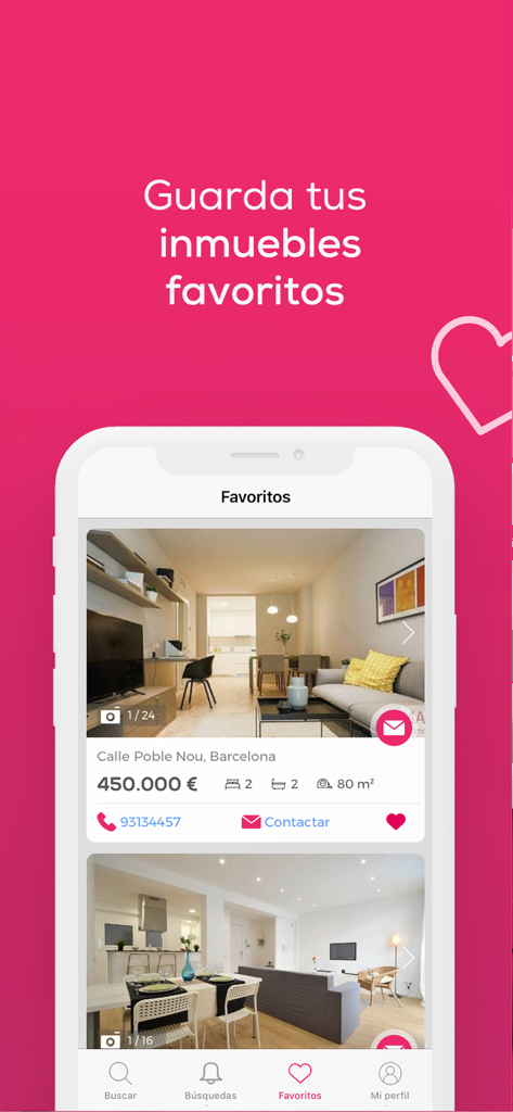yaencontre - pisos y casas - Pantalla móvil de la aplicación yaencontre que muestra una lista de anuncios de propiedades favoritas guardadas en España