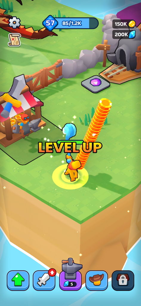 XP Hero - Un personnage bonhomme bâton jaune montant de niveau à côté d'une haute pile de pièces d'or sur une île flottante dans le jeu mobile XP Hero.