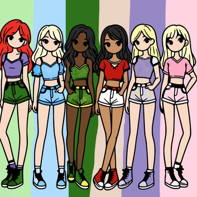 a group of girls wearing crop tops and shorts