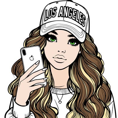 realistic beautiful girl wearing los ángeles cap holding an iphone