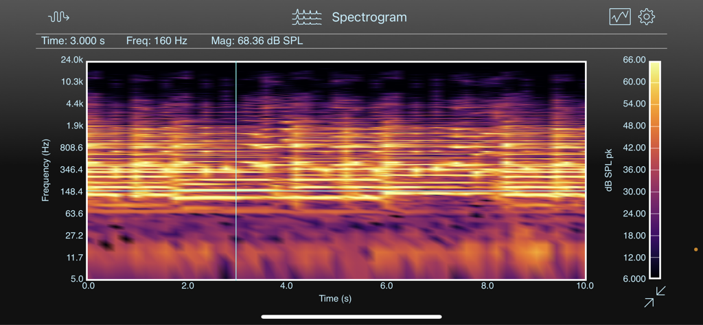 SignalScope Basic 2022 - SignalScope Basic spectrogram display showing frequency and sound pressure level over time.