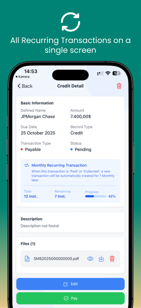 Budget and Money Manager - Oberfläche der Budget- und Geldmanager-App, die Kreditdetails und wiederkehrende monatliche Raten anzeigt.