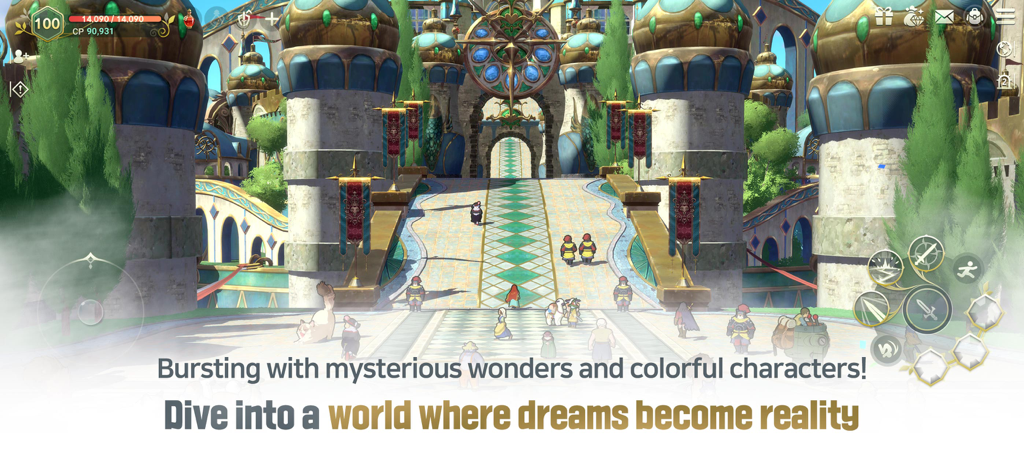 Una scena vibrante di un grande palazzo in Ni no Kuni Cross Worlds che mostra il suo unico stile artistico Ghibli.