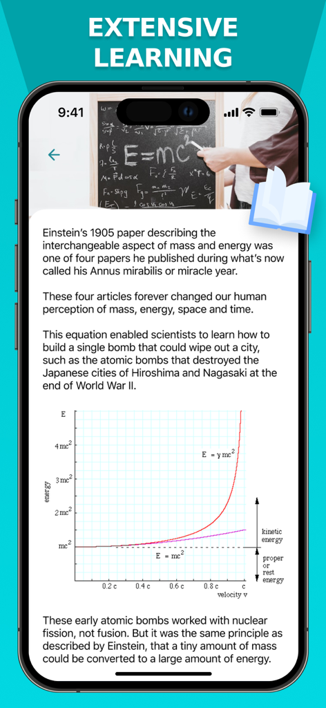 A physics learning article and energy graph shown on a mobile screen for educational purposes