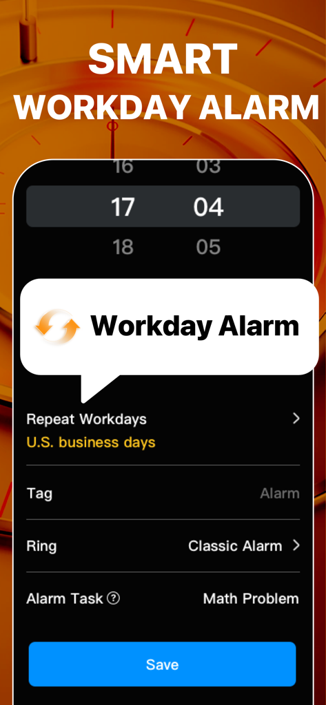 Workday & Holiday Real Alarm - Pantalla de configuración del despertador inteligente para días laborables en la aplicación Workday and Holiday Real Alarm mostrando la selección de hora y la opción de repetición de días laborables en EE. UU.
