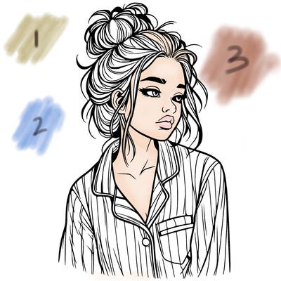 realistic woman with pajamas on and a messy bun
