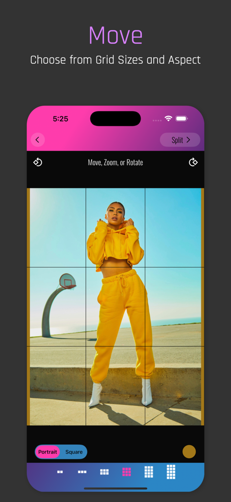 PhotoSplit for Instagram - PhotoSplit app interface showing a 3x3 grid split and portrait aspect ratio selection for an Instagram post