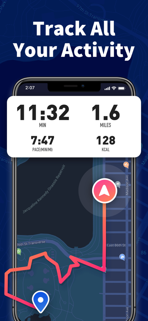 Running App - Run Tracker - GPS追跡マップとリアルタイムワークアウト統計を表示するランニングアプリのインターフェース。