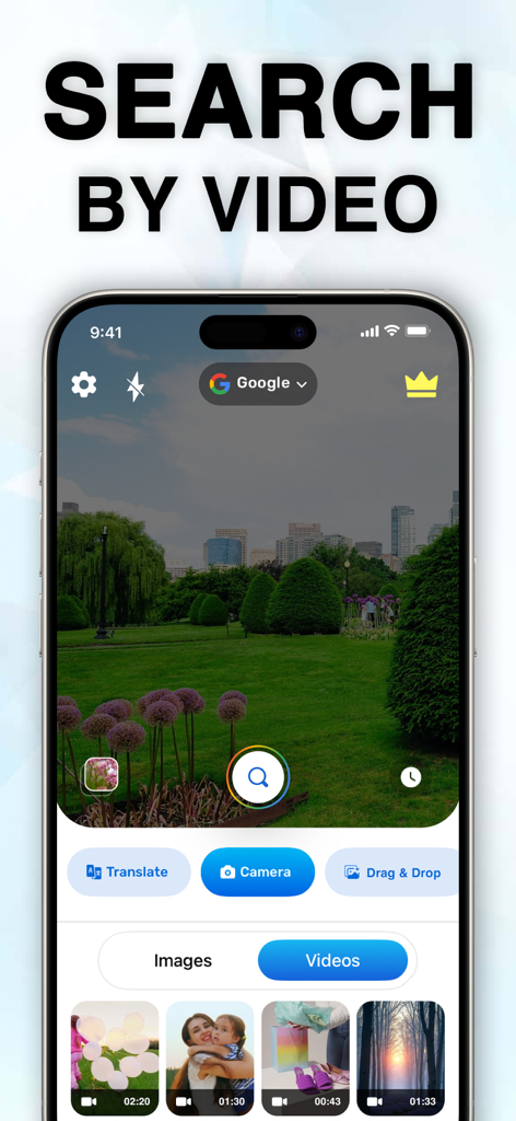 Lens Scan Mobile App-Oberfläche mit der Funktion 'Suche nach Video' und einer Kameransicht eines Stadtparks und einer Videogalerie.